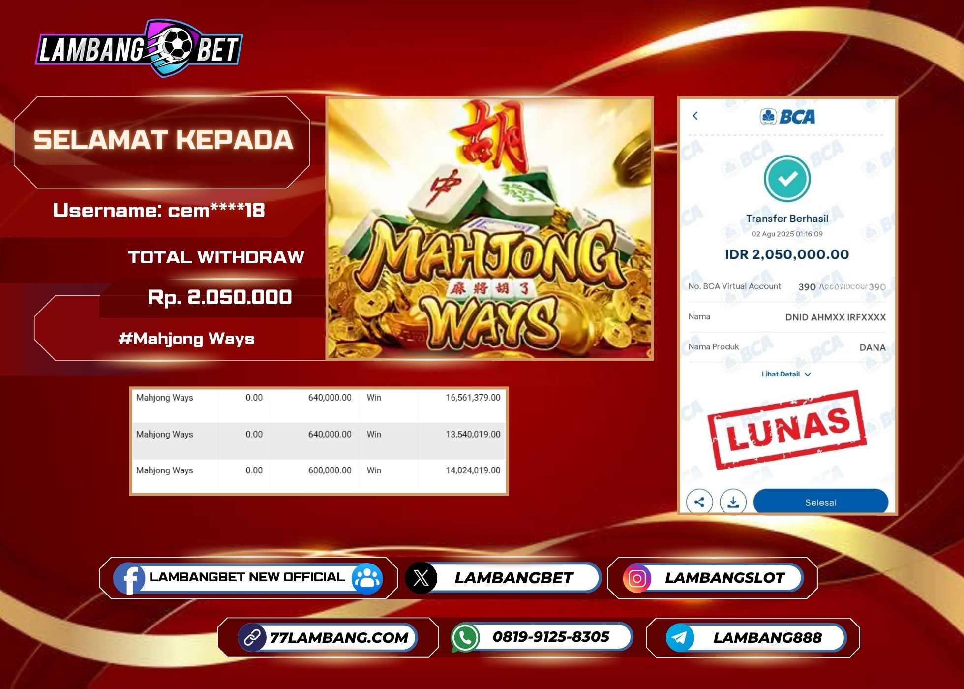 LAMBANGBET [2 AUGUST 2025] JACKPOT SLOT Mahjong Ways "Rp2.050.000" LUNAS